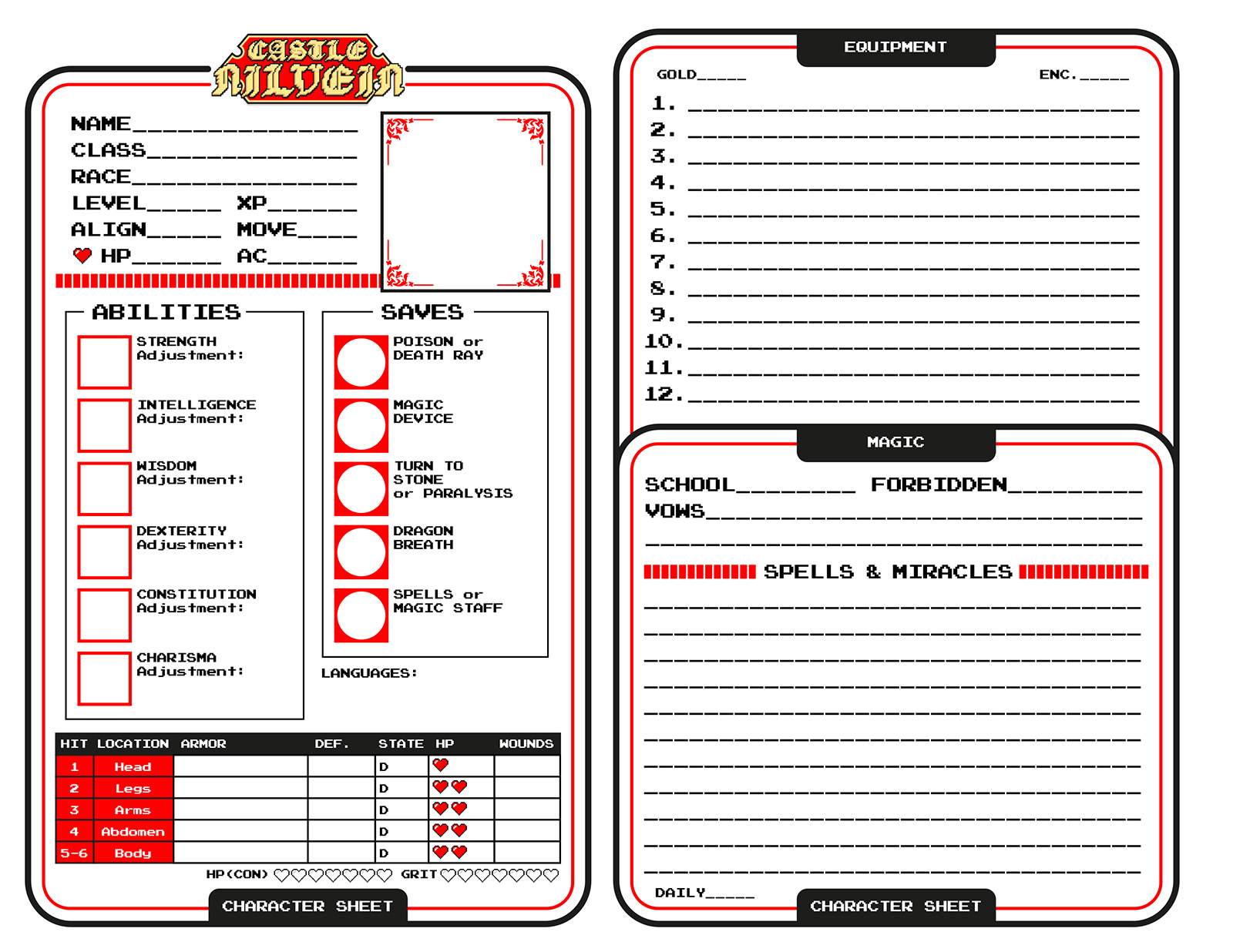 Blank Nilvein Character sheet with the portion about armor stolen completely from Necropraxis.