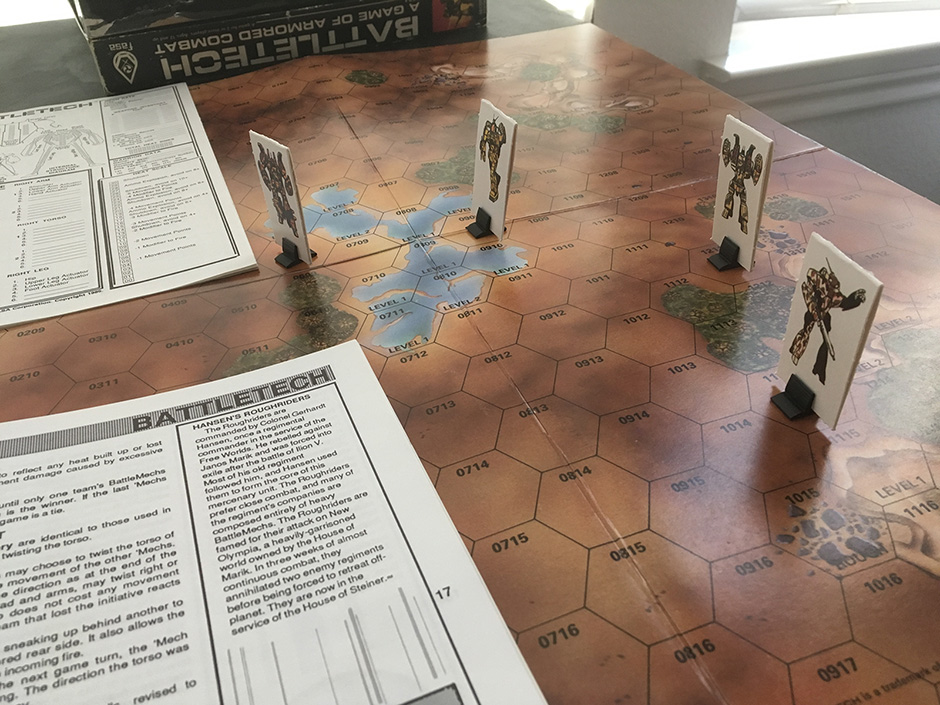 My copy of Battletech, 2nd edition. I can’t wait to get miniatures, but the little cardboard cutouts are kinda charming.