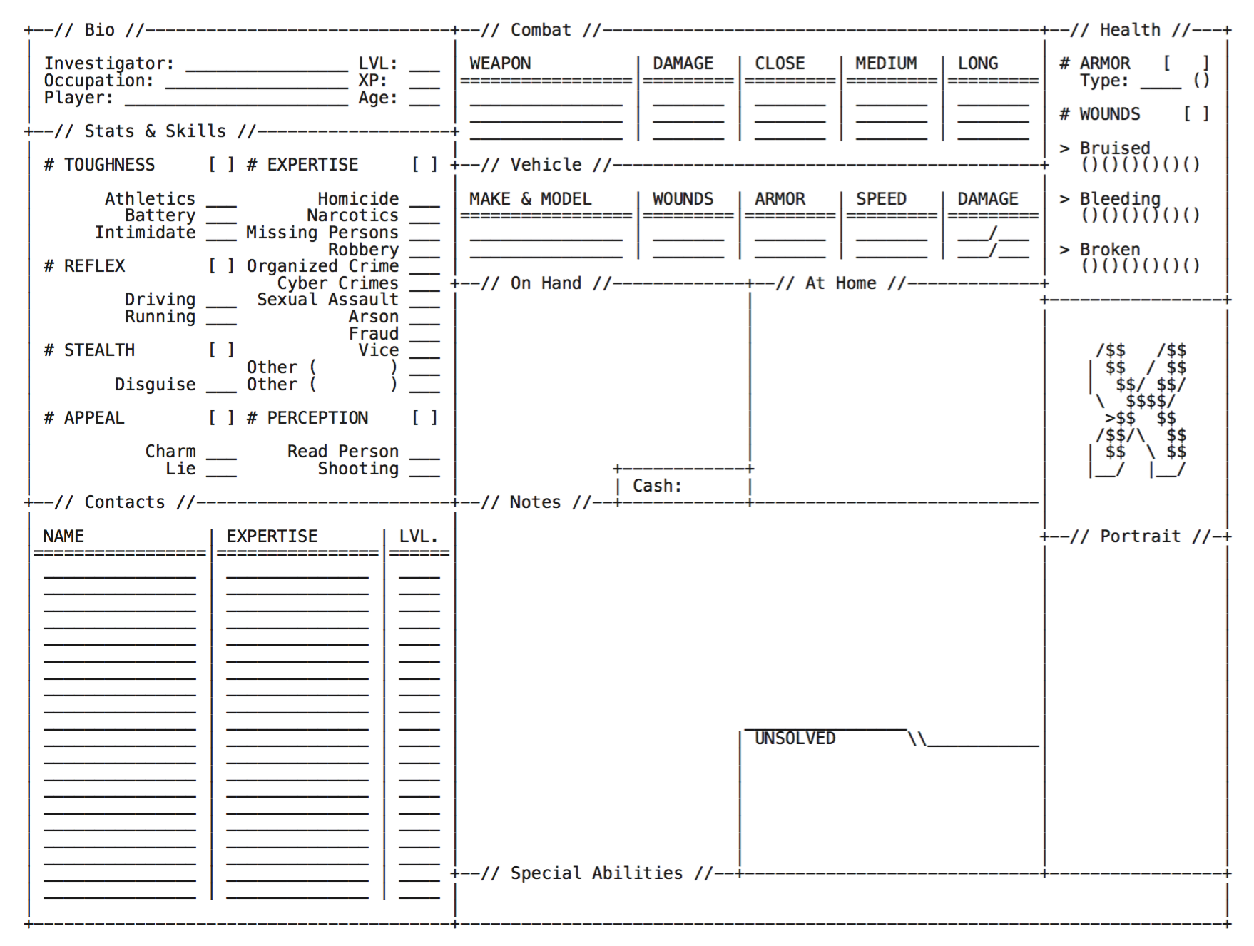 Character sheet for my in development investigation game