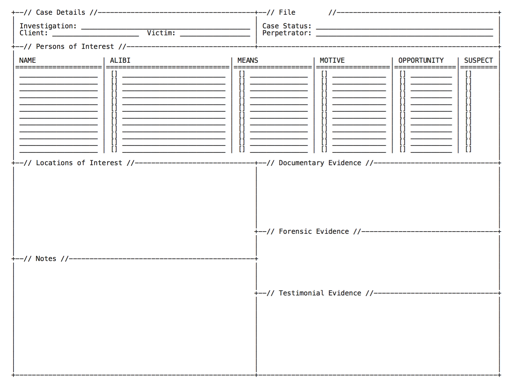 Blank investigation sheet