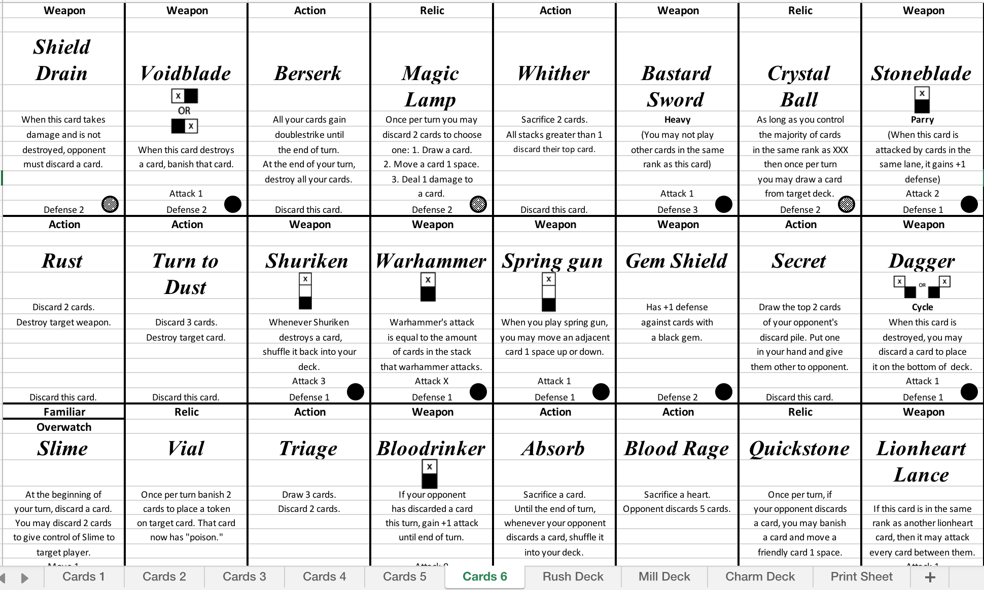 An example of some Heartbreaker cards. I make them in Excel since it’s easy to quickly change things. But I may move them over to InDesign with data merge soon.