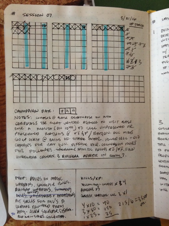 Carcosa Session Notes: Turns on the top, combat rounds on the bottom. The highlighted column is to remind me to roll for random encounters.