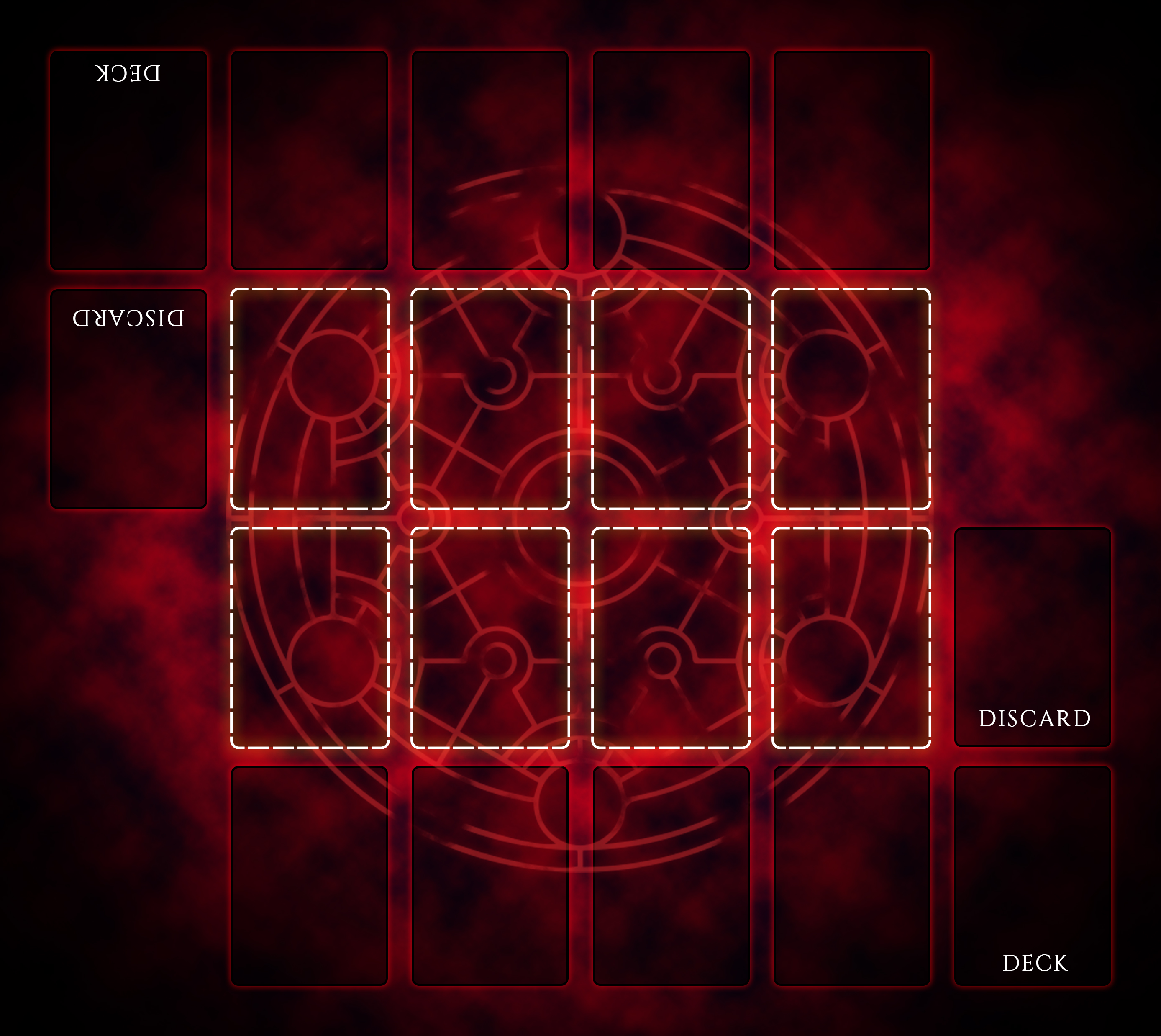 The Heartbreaker playmat. The top and bottom rows house the “hearts” which each player is trying to destroy. Destroy all your opponent’s hearts, and they’re out of the game.
